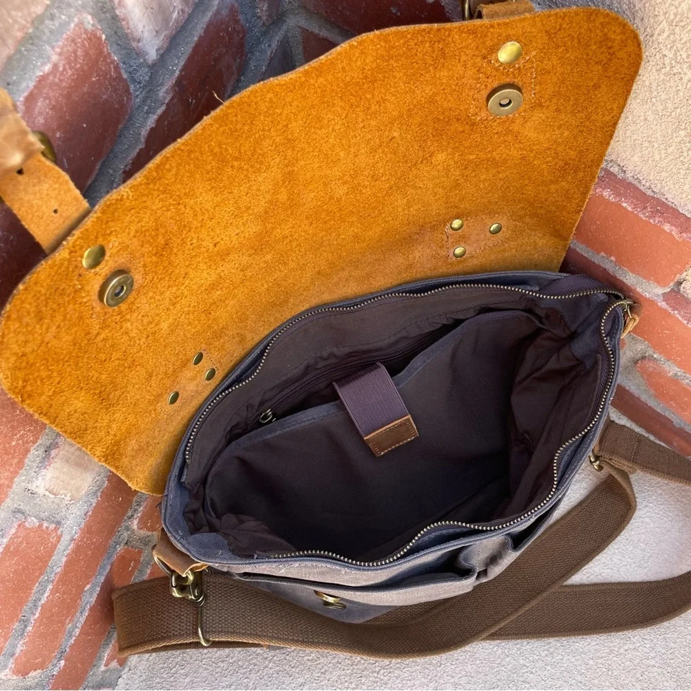 🆕WOWBOX 14” Canvas & Crazy Horse Leather Laptop Messenger Satchel Bag